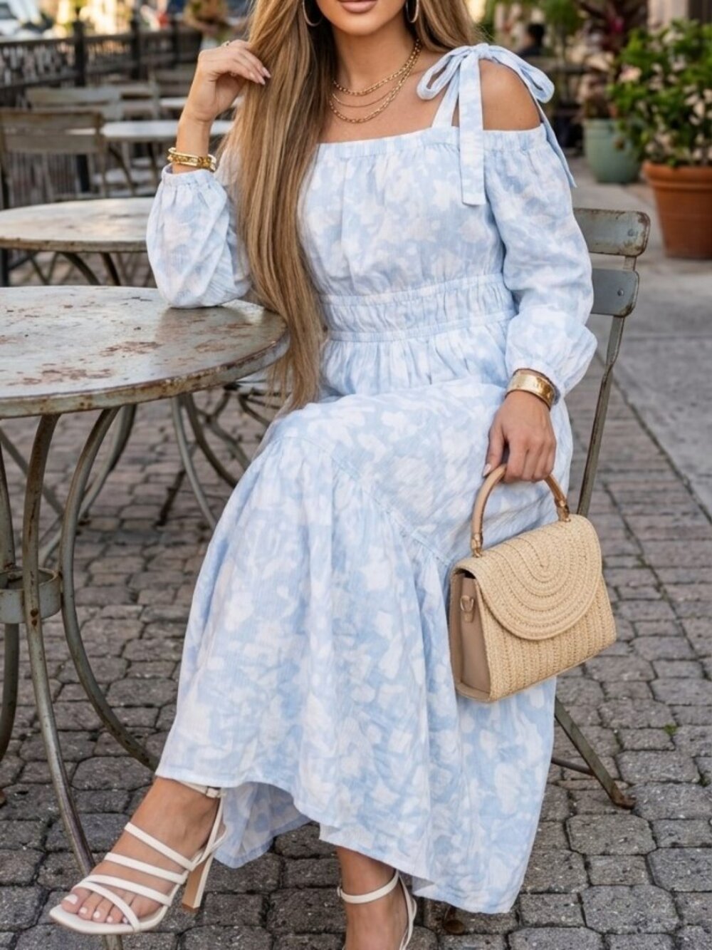 Free Assembly Blue/White Floral Midi Dress Tie Shoulder straps Off-the-Shoulder